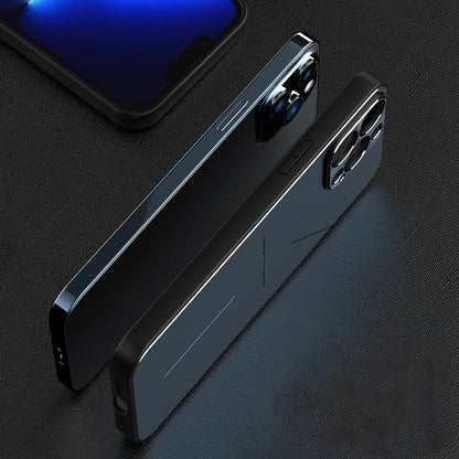 Metal frosted iPhone case with aluminium alloy and TPU back cover, shown in Black, Blue, Rose Gold and Silver.