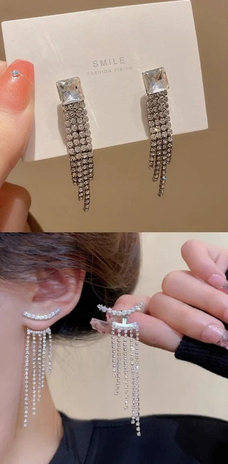 Elegant sterling silver long fringed zircon earrings for women