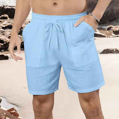Men's light blue linen shorts with straight-leg cut on mannequin showing European sizing label