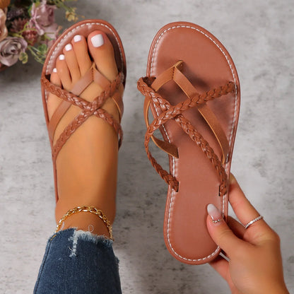Women's cross-woven thong sandals in white and dark brown, lightweight summer footwear