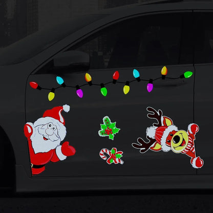 Colourful reflective cartoon Christmas elk magnetic sticker for windows on a medium blue background