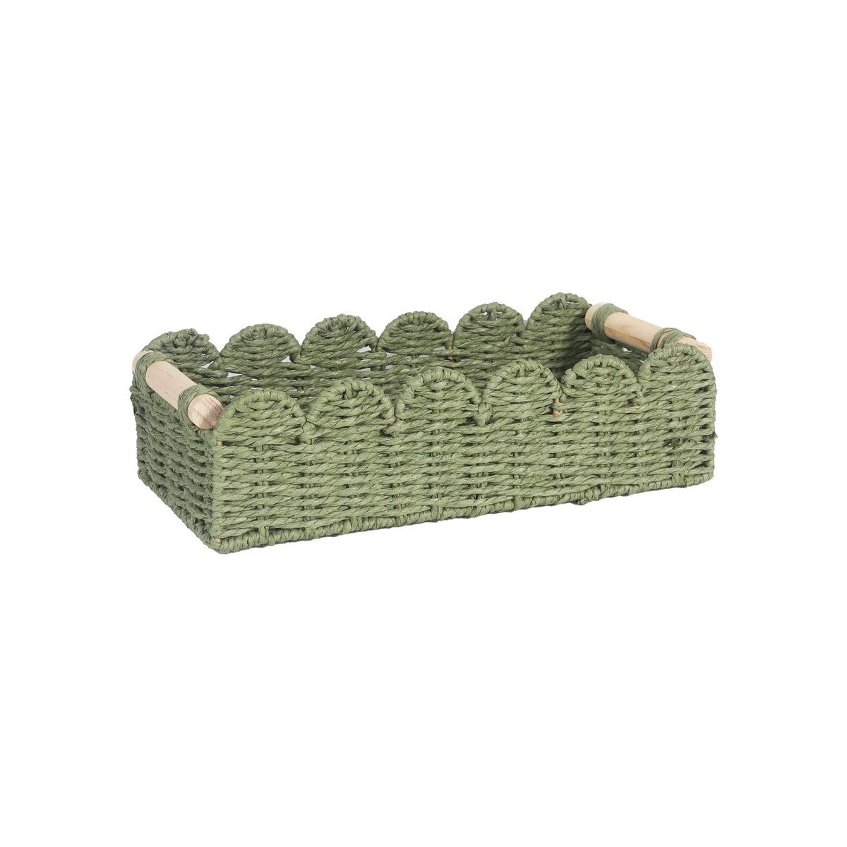 Woven paper storage basket in khaki colour, dimensions 35.5x16x10cm, on a desktop with remote controls and stationery