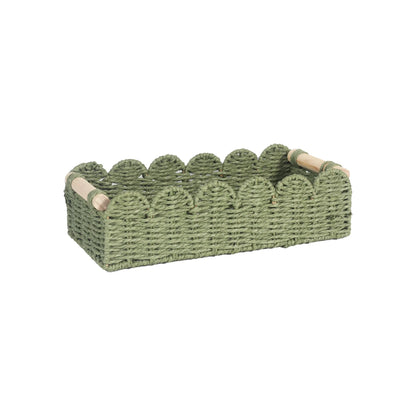 Woven paper storage basket in khaki colour, dimensions 35.5x16x10cm, on a desktop with remote controls and stationery