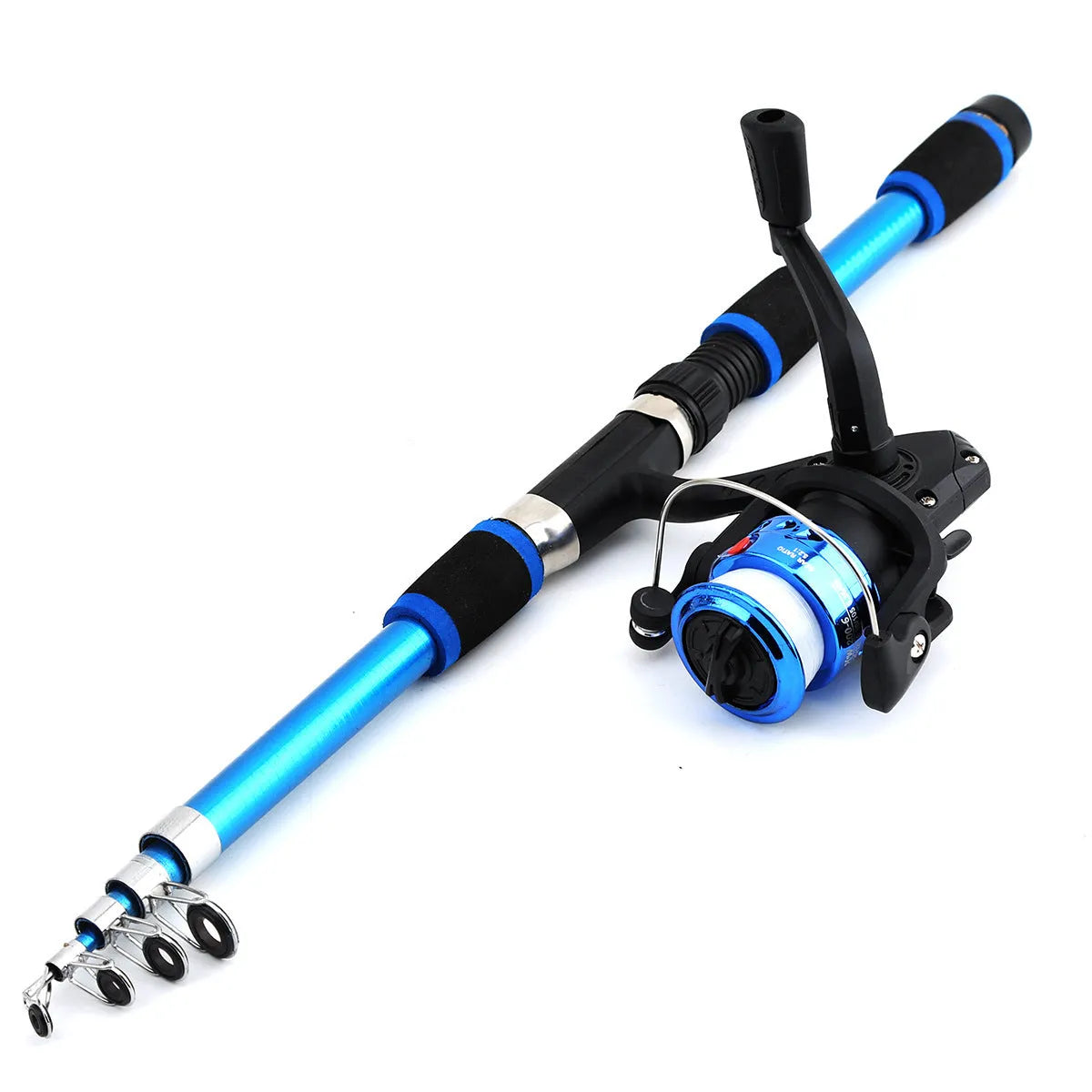 Children's fishing rod suit with pole and wheel reel in blue, green, red or yellow colours with bait accessories