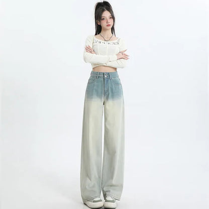 Women's gradient blue denim straight-leg trousers with 100% cotton fabric, showing colour transition and straight-leg silhouette