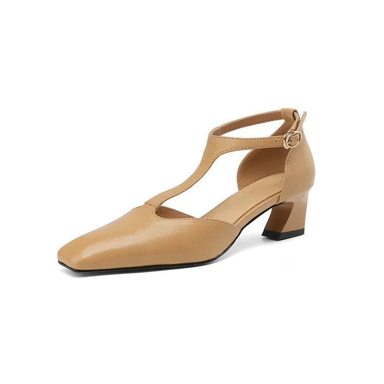 Wine red sheepskin leather high-heel shoes with square toe, chunky heel, and buckle fastening.