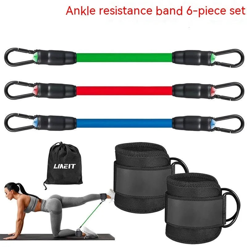 Yoga hip lifting and leg shaping ankle buckle tension band, set of three TPE resistance bands in 10lb, 20lb and 30lb resistance levels with foot loops and storage bag for adult full-body fitness training