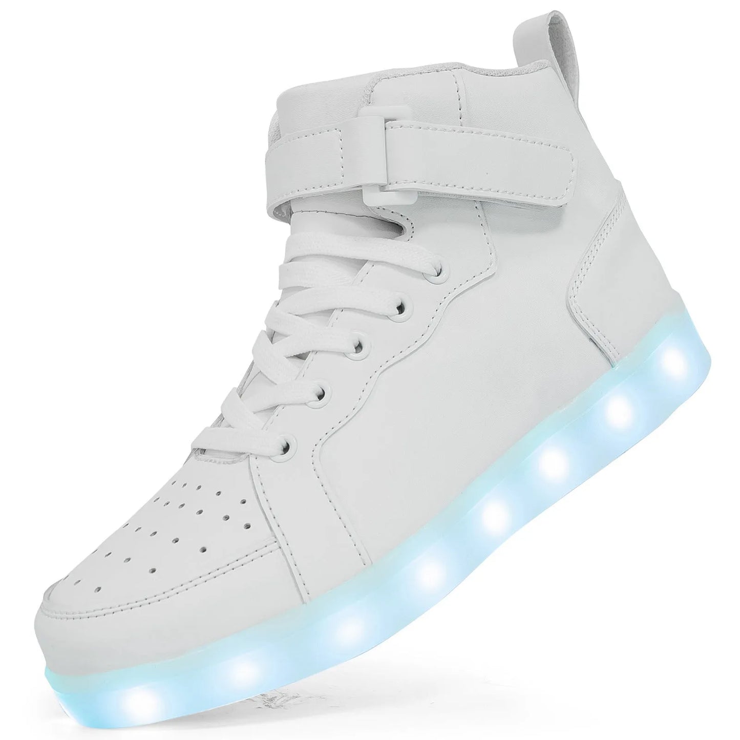 LED light-up high-top board shoes with velcro fastening in black, gold and white colours