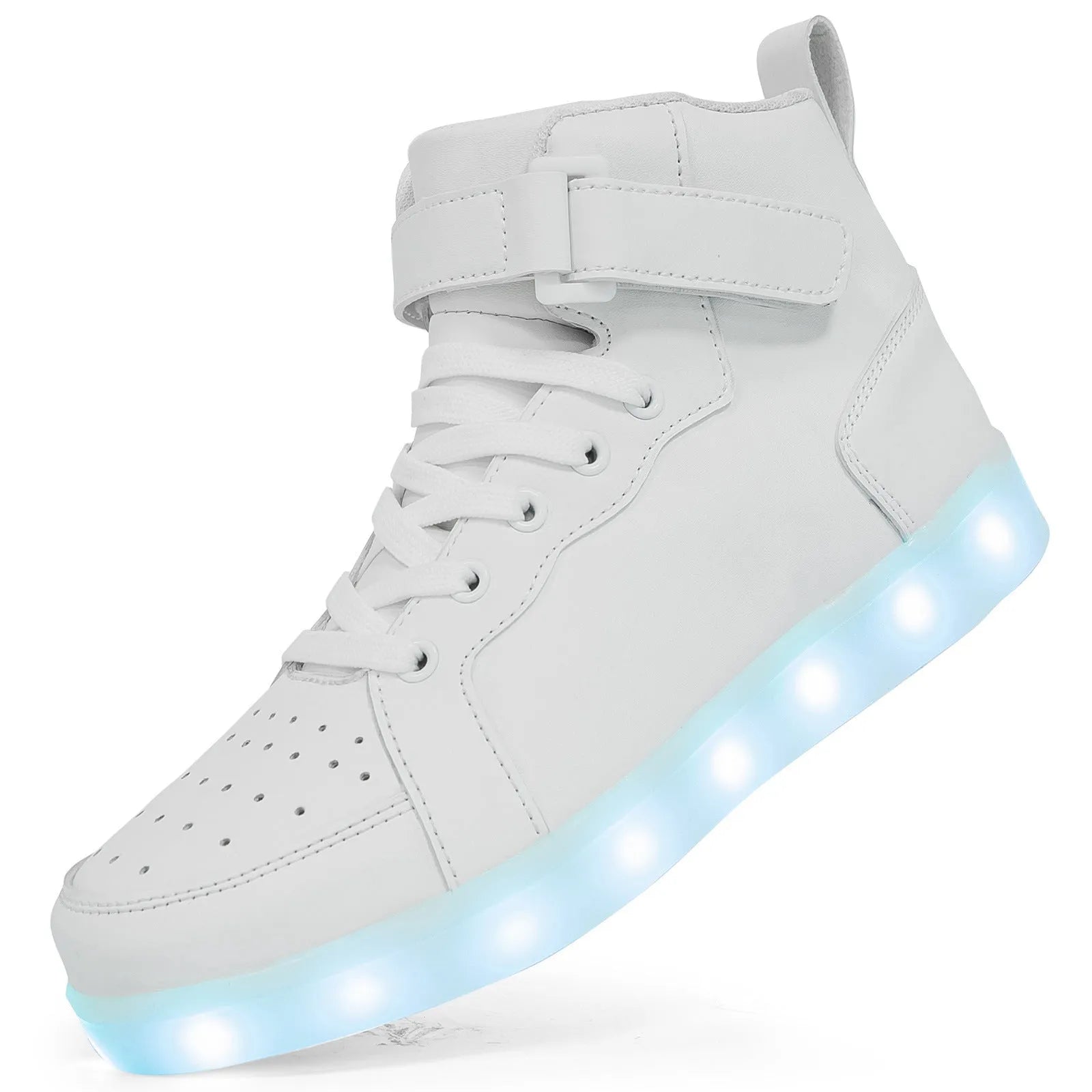 LED light-up high-top board shoes with velcro fastening in black, gold and white colours