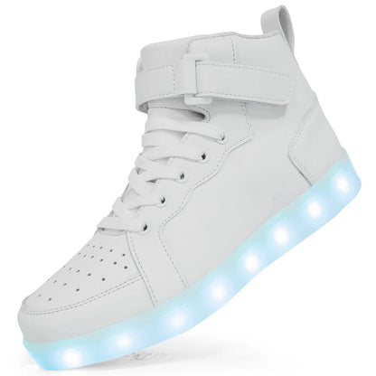 LED light-up high-top board shoes with velcro fastening in black, gold and white colours