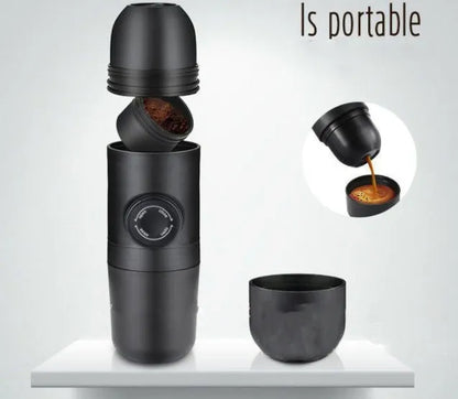 Black portable manual espresso machine with compact 6cm width, showing stainless steel components and manual pump for 8-bar pressure.