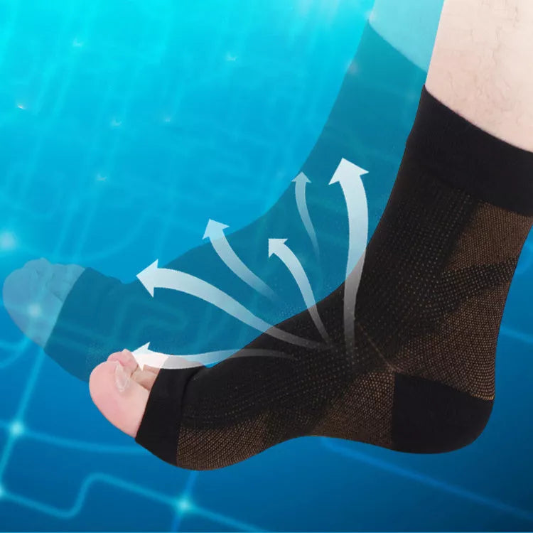 Anti-fatigue compression foot sleeve in black, red, or white, featuring moisture-wicking fabric and a heel hole for breathability.