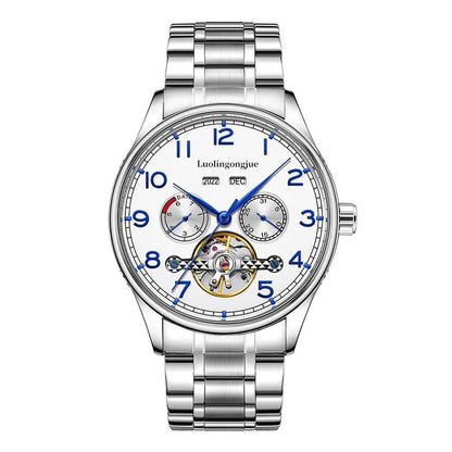 Men's stainless steel mechanical watch with sapphire crystal glass and leather strap showing transparent caseback