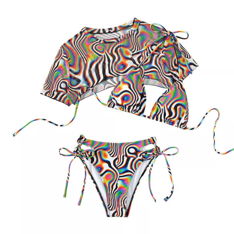Women's Rope Mesh Bikini Swimsuit in colourful red with unique texture