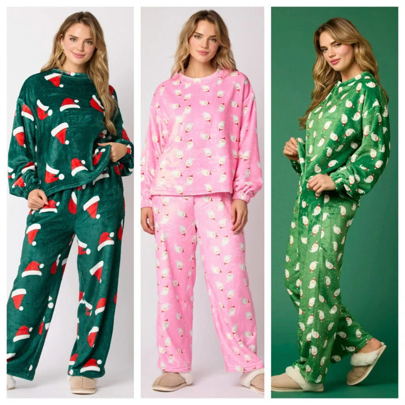 2024 women's flannel pajama set with Santa Claus design and long sleeves