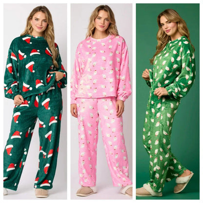 2024 women's flannel pajama set with Santa Claus design and long sleeves