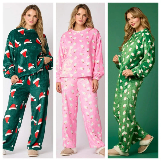 2024 women's flannel pajama set with Santa Claus design and long sleeves