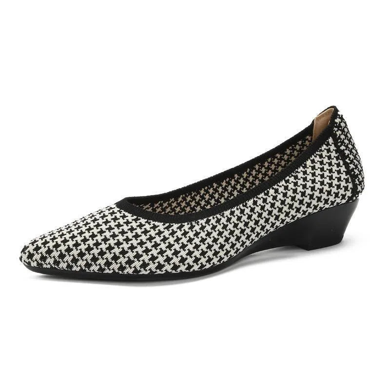 Women's wedge pumps with breathable mesh upper, pointed toe, and low rubber sole in leopard print pattern