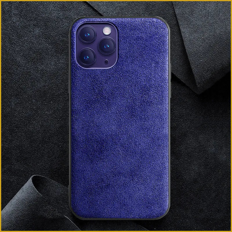Suede iPhone case in dark blue colour showing full-cover protection design