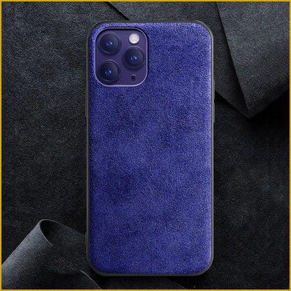 Suede iPhone case in dark blue colour showing full-cover protection design