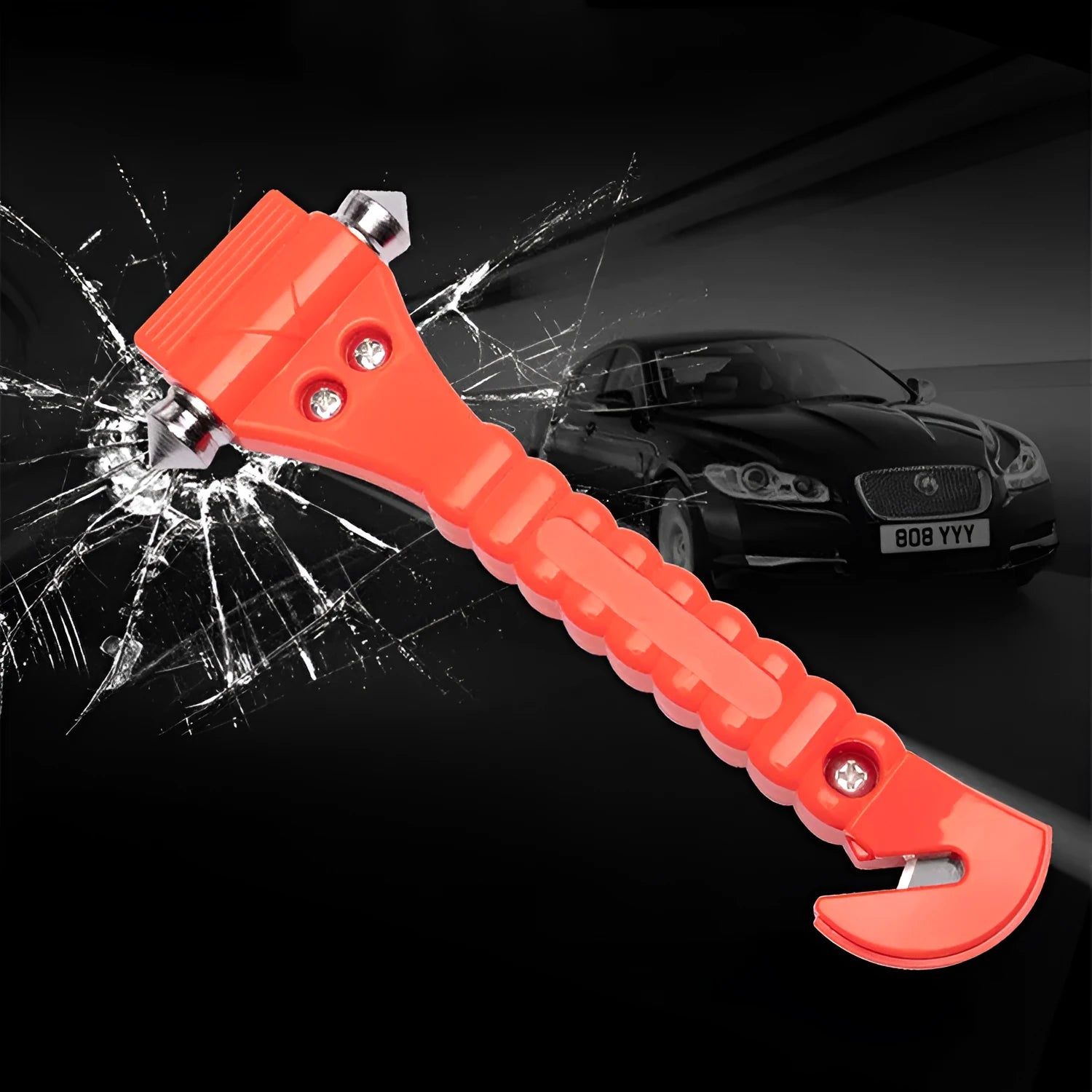 Red two-in-one car safety hammer with seatbelt cutter and window breaker on a white background.