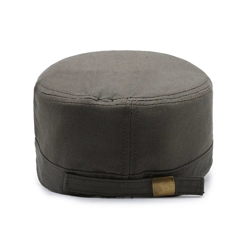Men's adjustable cotton flat-top peaked cap in army green with dome crown and English letter detailing