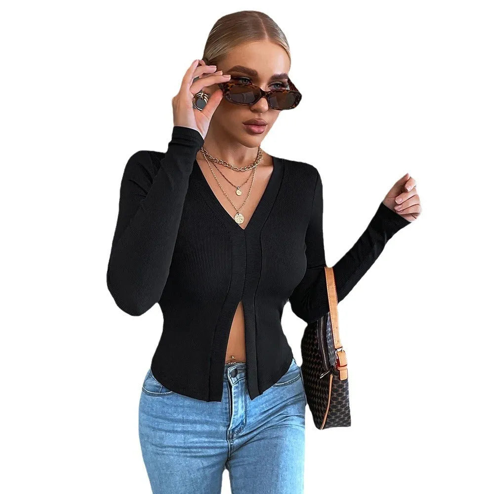 Women's black long sleeve slim fit cropped T-shirt with split neck and slit detail, polyester pullover, XS to XL
