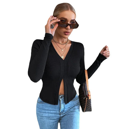 Women's black long sleeve slim fit cropped T-shirt with split neck and slit detail, polyester pullover, XS to XL