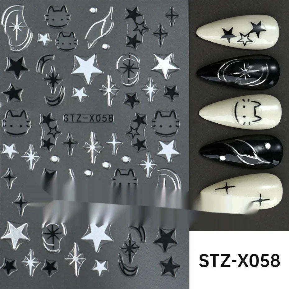Assortment of black and silver nail sticker designs including cartoon and French tip patterns on a plastic sheet.