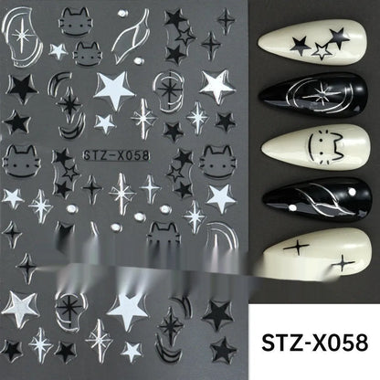 Assortment of black and silver nail sticker designs including cartoon and French tip patterns on a plastic sheet.
