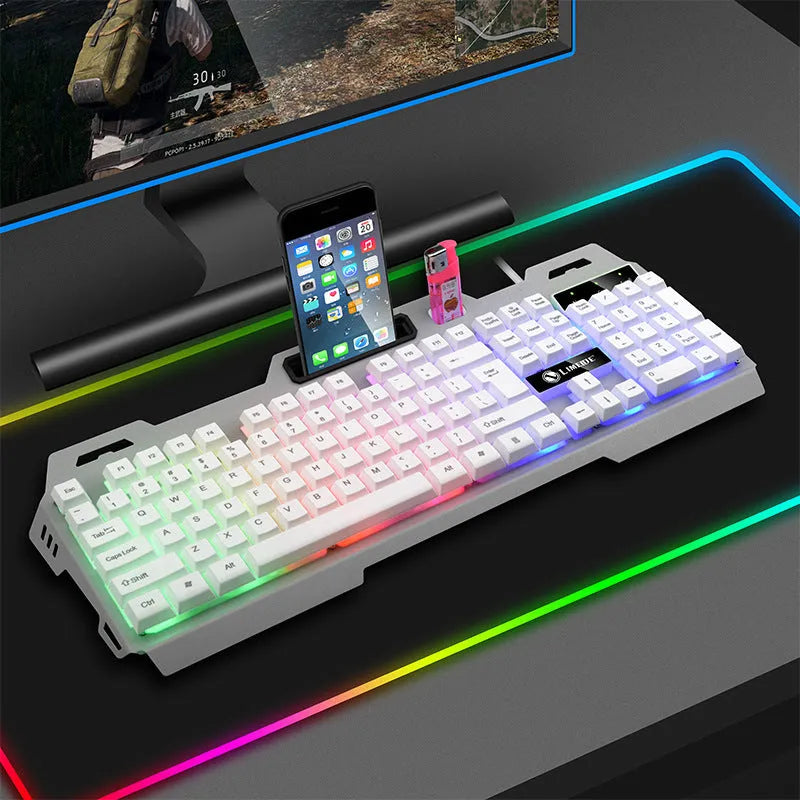 Luminous gaming keyboard and mouse combo in black or white colours with photoelectric technology