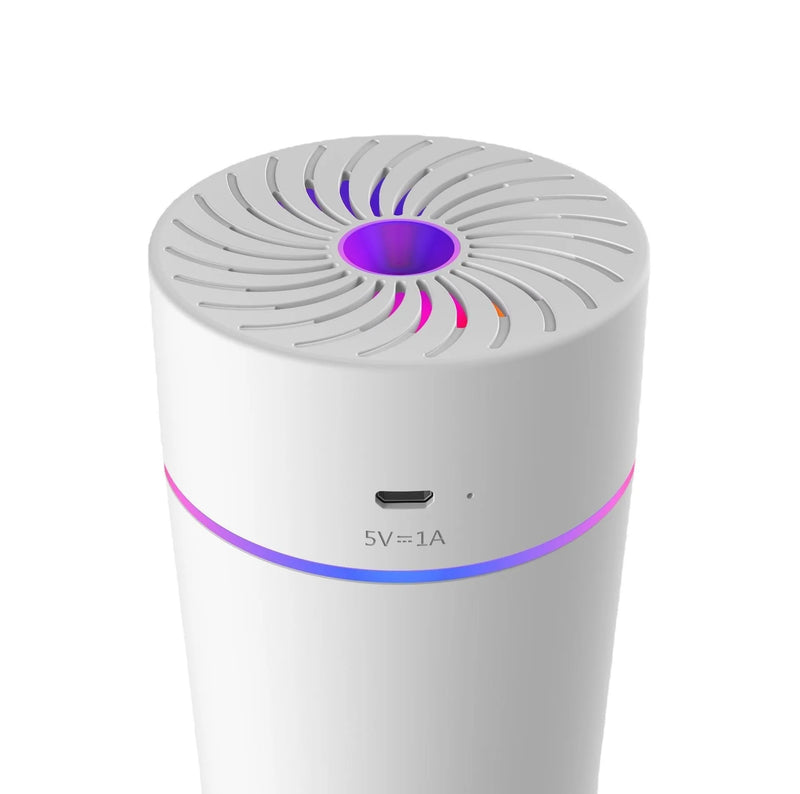 USB-powered car humidifier with aromatherapy function, operating below 36dB noise level for quiet use in vehicles under 10 square metres, featuring a 0.5L water capacity and 2-8 hour timer settings.
