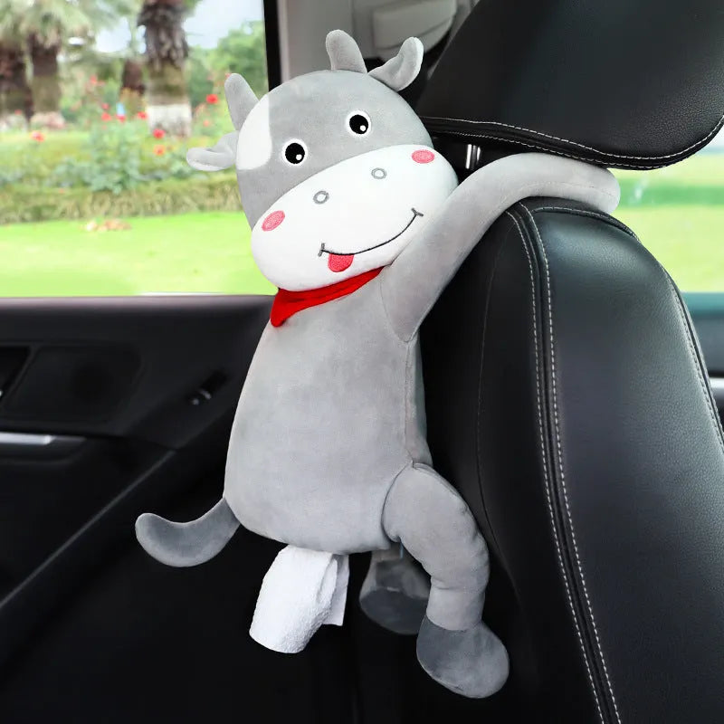 Plush animal design tissue box holder mounted on back of car seat