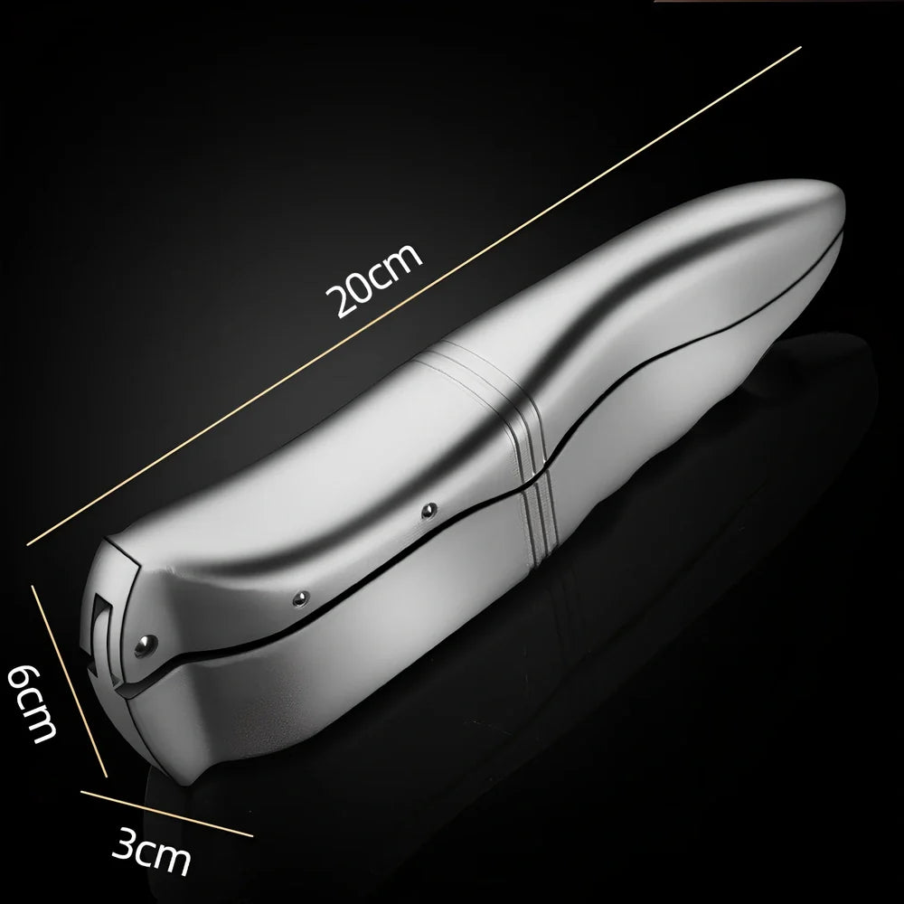Silver aluminium garlic press with 20cm handle and integrated cleaning tool for unpeeled garlic crushing