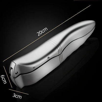 Silver aluminium garlic press with 20cm handle and integrated cleaning tool for unpeeled garlic crushing
