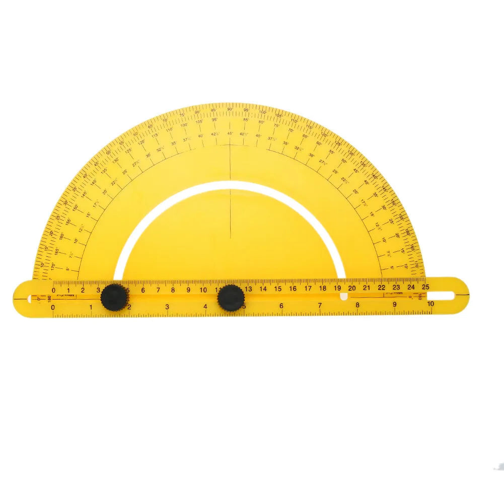 180 degree carpentry ruler angle measuring tool made of black ABS plastic on a wooden surface.