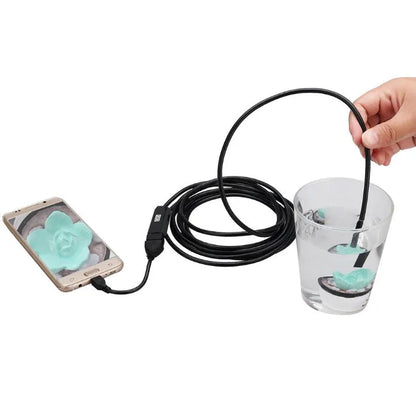 OWSOO USB endoscope camera with flexible black cable, small hook, magnet, and side mirror attachments on a white background.