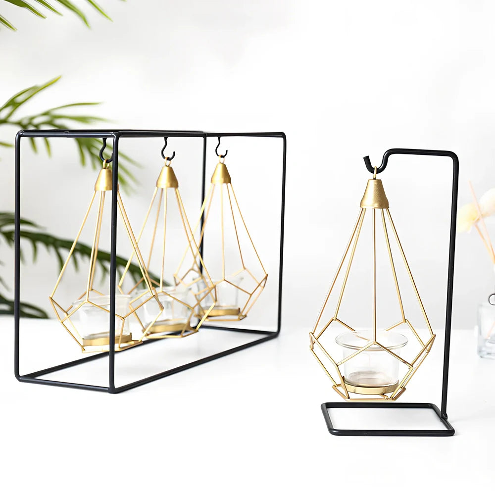 Geometric wrought iron candle holder with angular design, 25cm height and 15cm base diameter