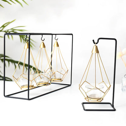 Geometric wrought iron candle holder with angular design, 25cm height and 15cm base diameter