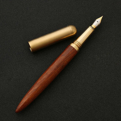 Brass and sandalwood signature pen with wood grain detail showing length and width dimensions