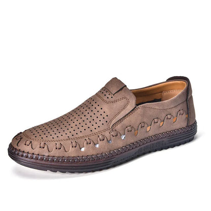 Men's brown slip-on casual shoes with round toe and visible sewing line details