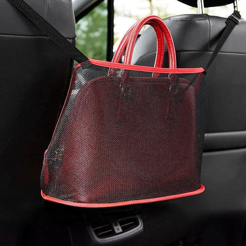 Car mesh bag organiser in red and black, dimensions 40x12x26cm