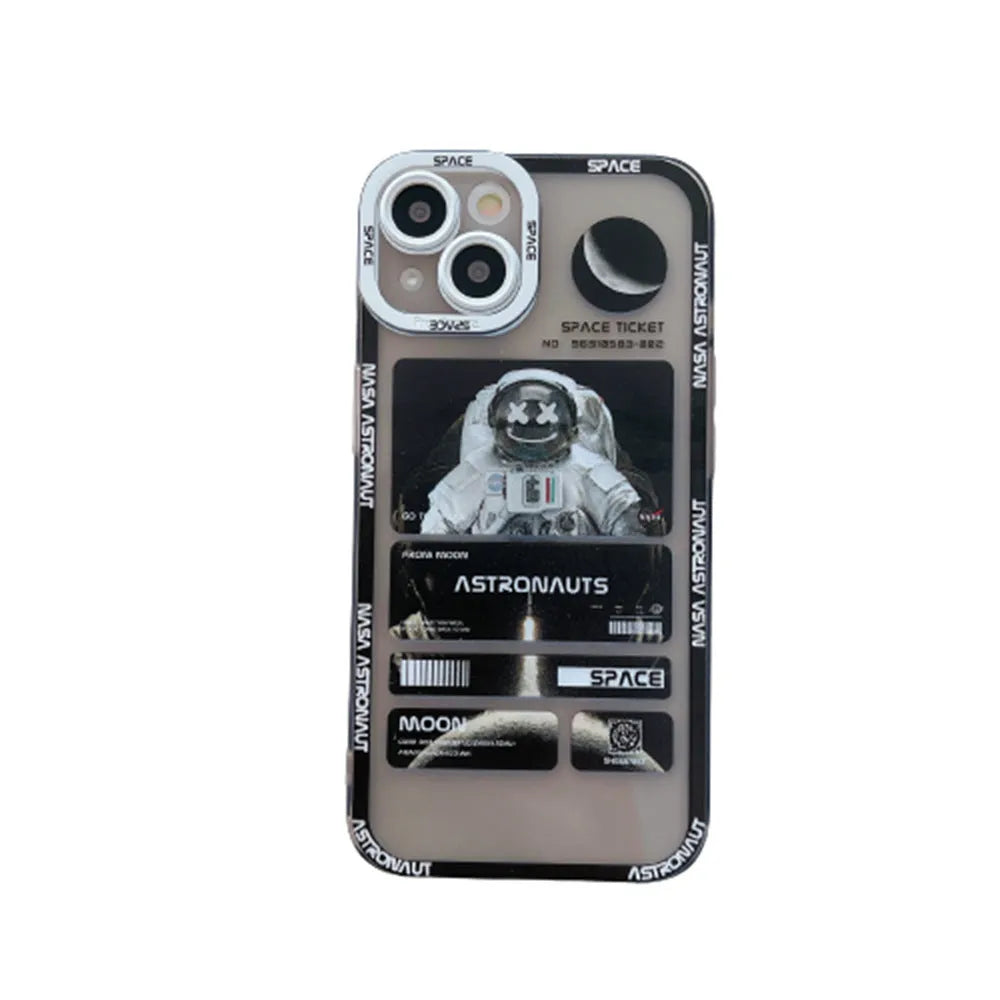 Blue and black space astronaut graffiti design on a silicone iPhone case for iPhone 13.