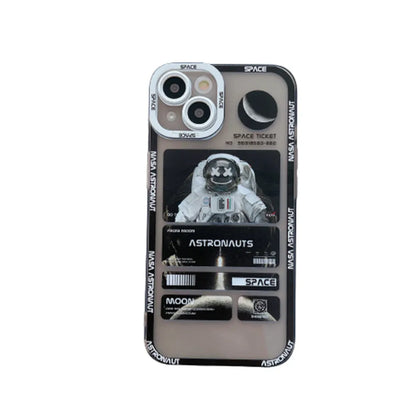 Blue and black space astronaut graffiti design on a silicone iPhone case for iPhone 13.
