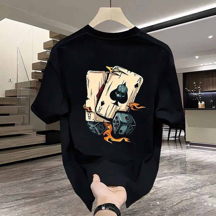 Men's printed heavy cotton T-shirt in black or white with short sleeves