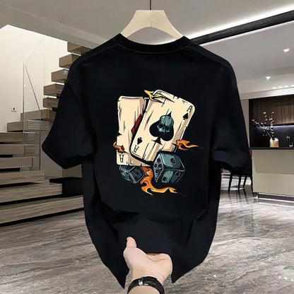 Men's printed heavy cotton T-shirt in black or white with short sleeves