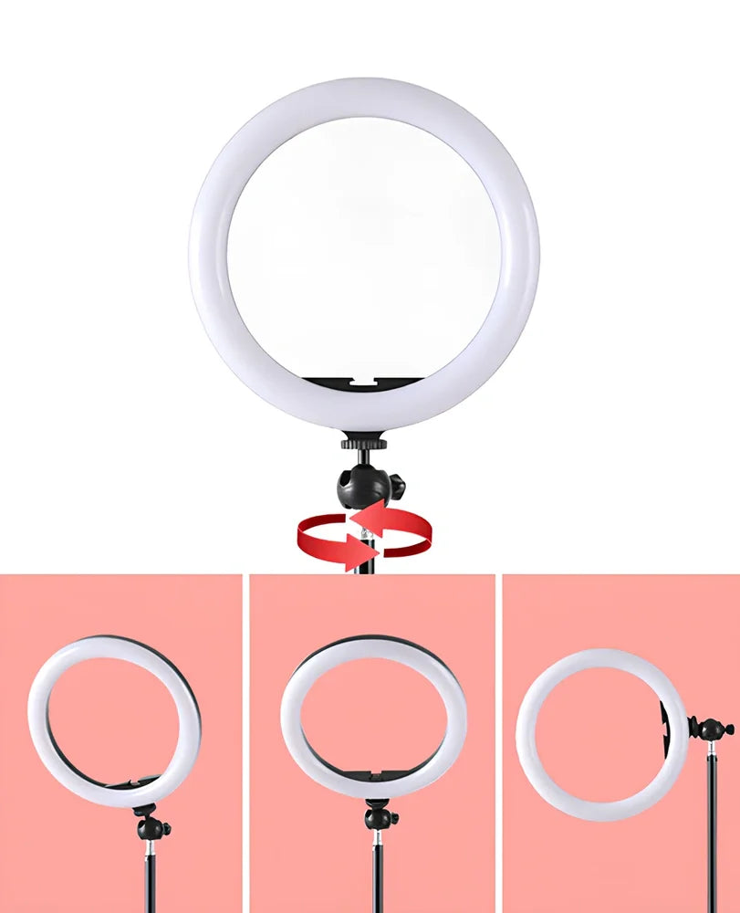 10-inch ring selfie light clipped to smartphone with 19cm metal bracket extended, rotatable for even face illumination