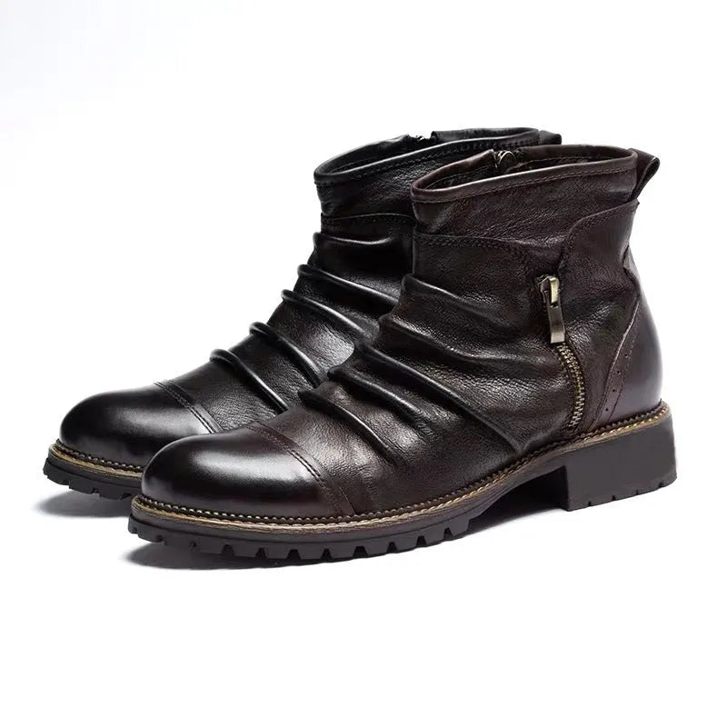 Black mid-calf cowboy boots with side zipper, round toe, and a horseshoe-shaped heel.