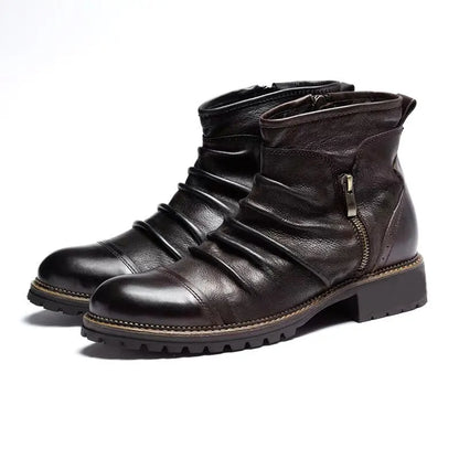 Black mid-calf cowboy boots with side zipper, round toe, and a horseshoe-shaped heel.