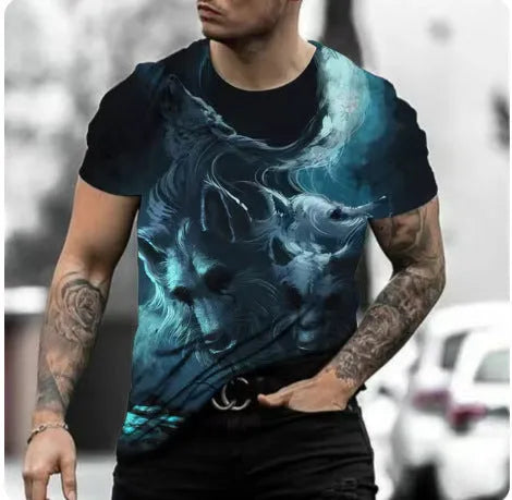 Retro-style men's short-sleeved T-shirt featuring a vibrant 3D animal graphic print on lightweight fabric.